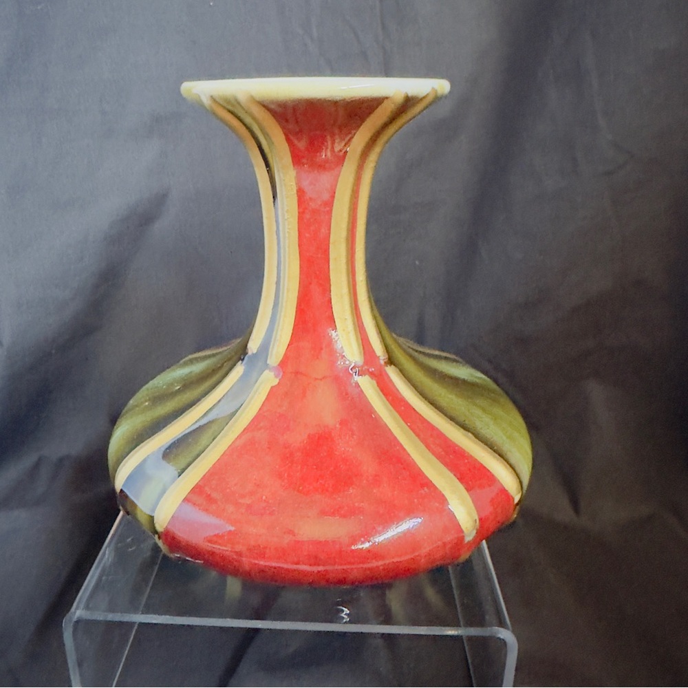 Vintage Art Pottery Colorful Striped Vase Green, Red & Gold